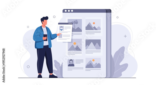 Man reviewing online profile and portfolio on a large digital screen, digital marketing concept