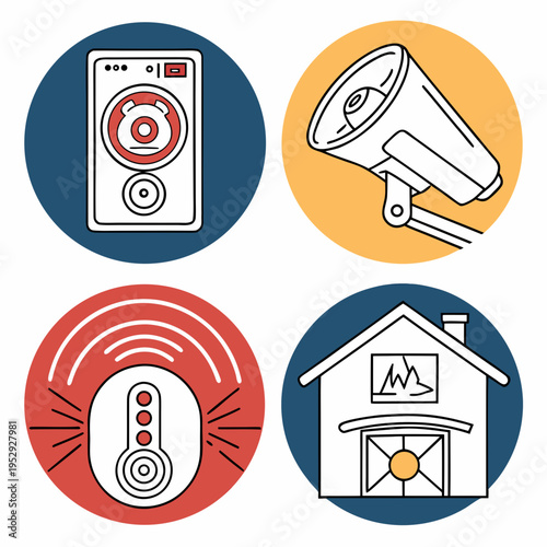 Home safety and security icons set with alarm system, surveillance camera, and fire danger, house fire