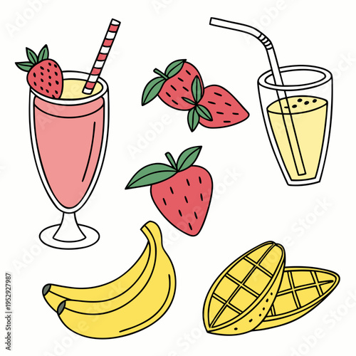 Refreshing summer fruit smoothies and fresh fruits illustration set for healthy lifestyle with strawberry smoothie