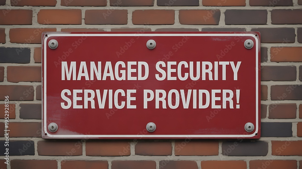 Naklejka premium Red metal security sign on brick wall, managed security service provider