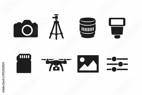Photography equipment icons: camera, tripod, lens, flash, memory card, drone, gallery, settings