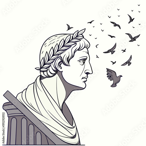 Classical roman statue profile with laurel wreath and flying birds illustration, history concept, classical art