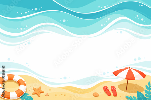 Summer beach scene with waves, umbrella, and lifebuoy on sandy shore