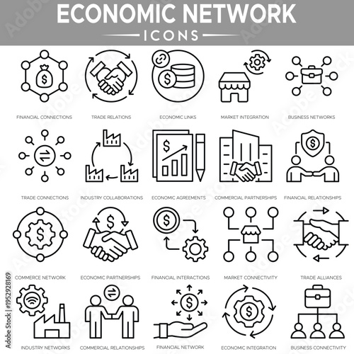 “Economic Network Icon Set – Global Economy, Finance, Trade and Business Connection Symbols”