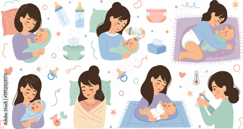 Mother Caring for Newborn Baby Collection with Women Feeding Holding Bathing and Comforting Infants in Flat Cartoon Vector Illustration Style.