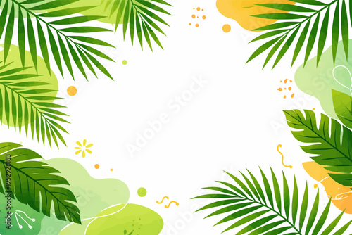 Vibrant green tropical foliage border with abstract background elements