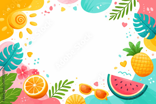 Colorful summer frame with fruits and tropical elements