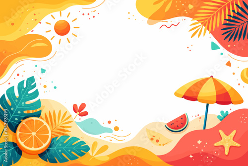 Vibrant summer background with sun, umbrella, fruits, and tropical leaves