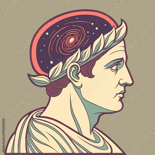 Ancient roman bust with cosmic galaxy brain vector illustration of philosophy, knowledge, and imagination, laurel wreath
