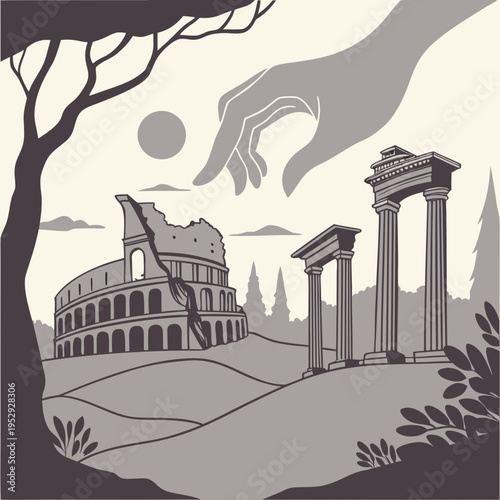 Monochrome ancient rome: colosseum and roman arches landscape with surreal hand reaching down from above illustration with ancient ruin