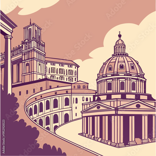 St. peter's basilica and roman architecture: winding street view with historic city buildings and vatican dome illustration with a stylized illustration of st