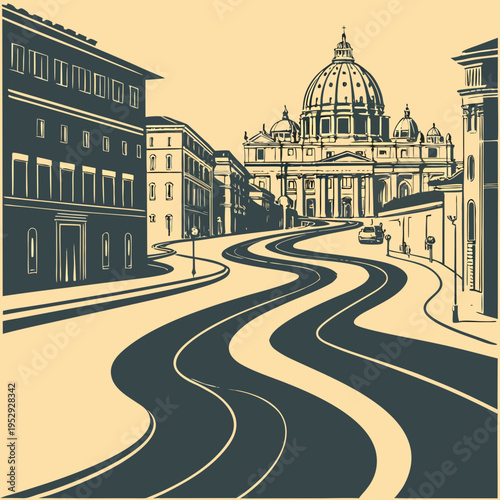 Monochrome st. peter's basilica street scene: winding road through historic roman city with car and buildings illustration with a striking monochrome illustration of a winding road leading towards st