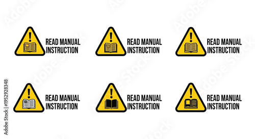 Repeated warning signs instruct users to read the manual before operation