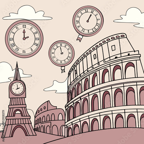 Global travel time concept: eiffel tower, colosseum, and clocks blended european landmarks illustration, historic architecture