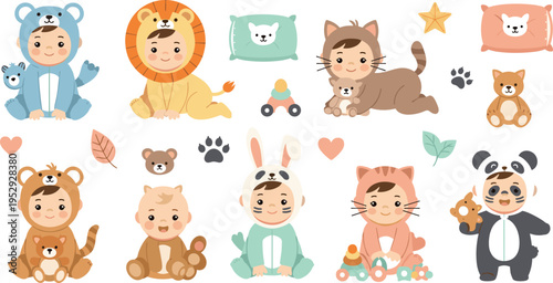Cute Kids in Animal Costumes Collection with Children Wearing Bear Lion Bunny Cat and Panda Outfits in Cartoon Vector Illustration Style.