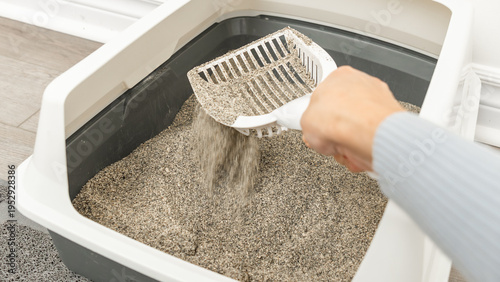 Hand holding a litter scoop removing cat litter from a gray plastic litter box placed on a light-colored floor in a home setting