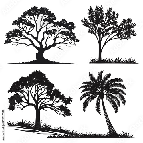 Diverse tree silhouettes collection with various species and green grass elements vector illustration with palm tree