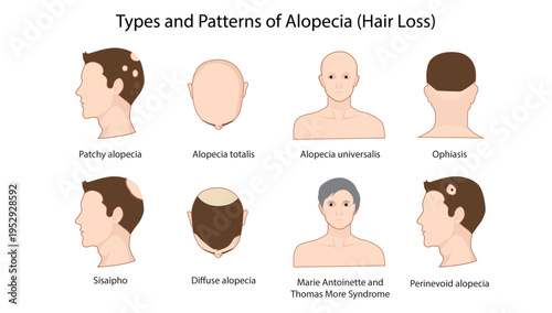 Types and Patterns of Alopecia (Hair Loss), showing different patterns of alopecia including patchy alopecia, alopecia totalis, alopecia universalis, ophiasis, diffuse alopecia, and other variants.