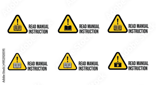 Repeated warning signs instruct users to read the manual before operation