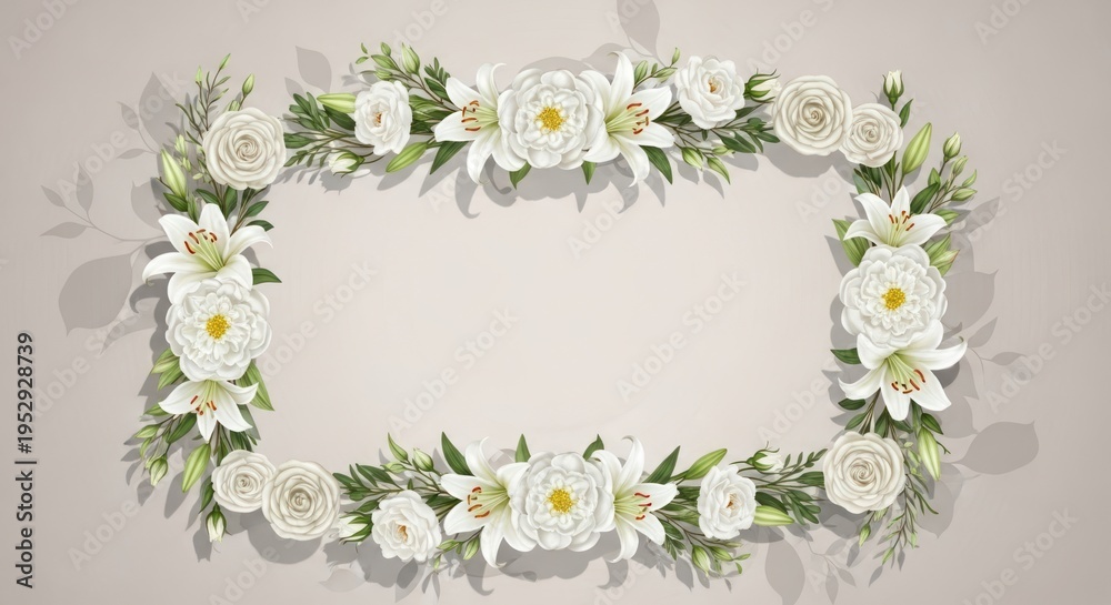 Fototapeta premium Elegant floral border design with white roses and lilies on a light background
