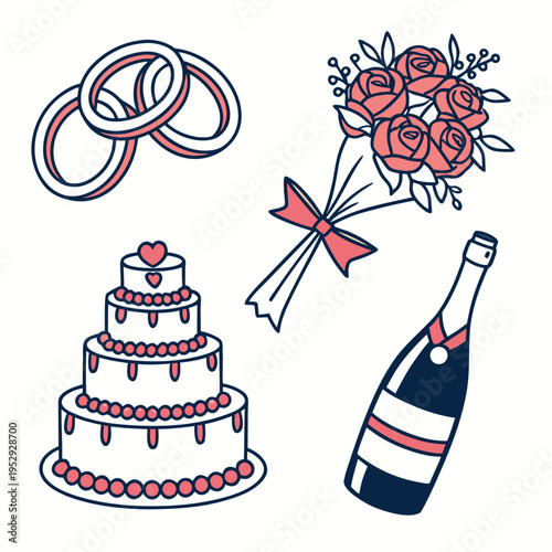 Wedding celebration icons: rings, cake, bouquet, and champagne bottle in doodle art style, hand drawn
