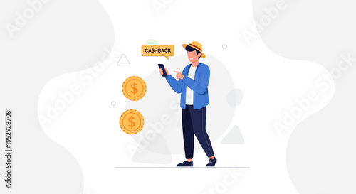 Man with phone and coins, cashback notification on screen, online shopping concept