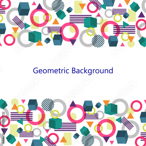 Vibrant abstract background design featuring colorful geometric shapes like circles triangles cubes and lines creating a lively modern retro visual frame for text presentation space