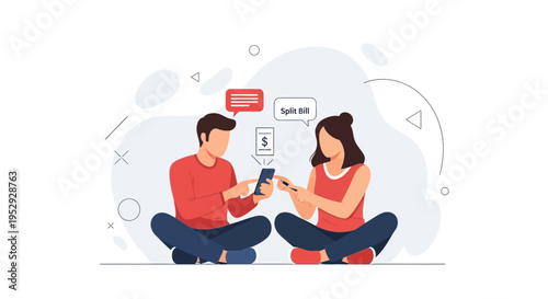 Couple splitting bill on smartphone app, online payment, financial sharing concept