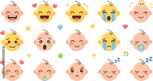Cute Baby Emoji Faces Set with Newborn Expressions Including Happy Crying Sleeping and Surprised Emotions in Cartoon Vector Illustration Style.