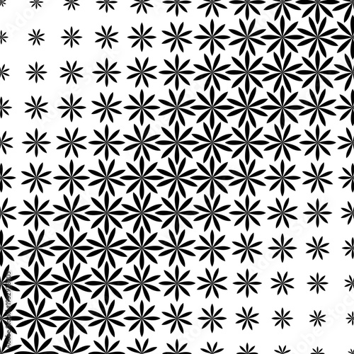 This striking abstract black and white pattern features a captivating array of stylized floral star shapes that exhibit a dynamic size gradient, seamlessly transitioning from delicate small elements t