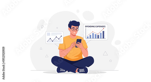 Man using smartphone with financial charts, online finance management concept