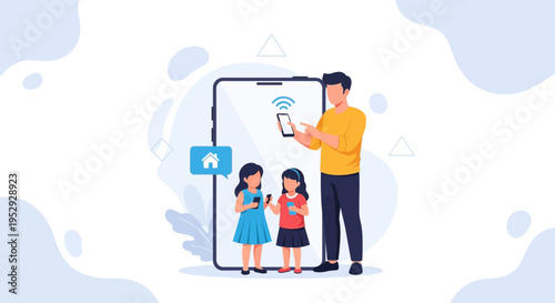 Father and daughters using smartphones, smart home concept