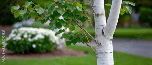 White tree trunk close-up in a garden setting with green leaves and a blurred background of soft colors during a sunny day