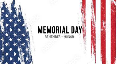 Memorial Day Remember Honor text with distressed American flag brush strokes on white background, patriotic holiday banner design
