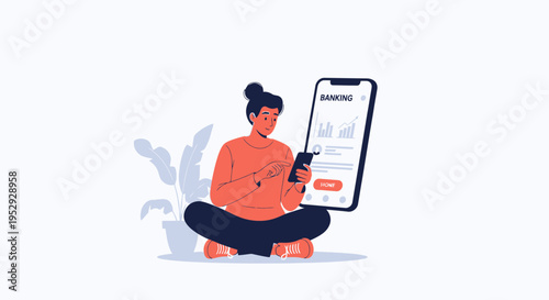 Woman using mobile banking app on phone, financial chart on screen, seated indoors