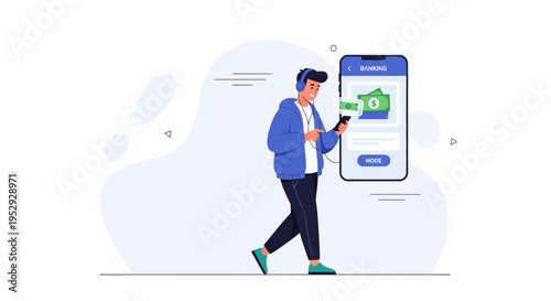 Man with headphones using smartphone for online banking and money transfer