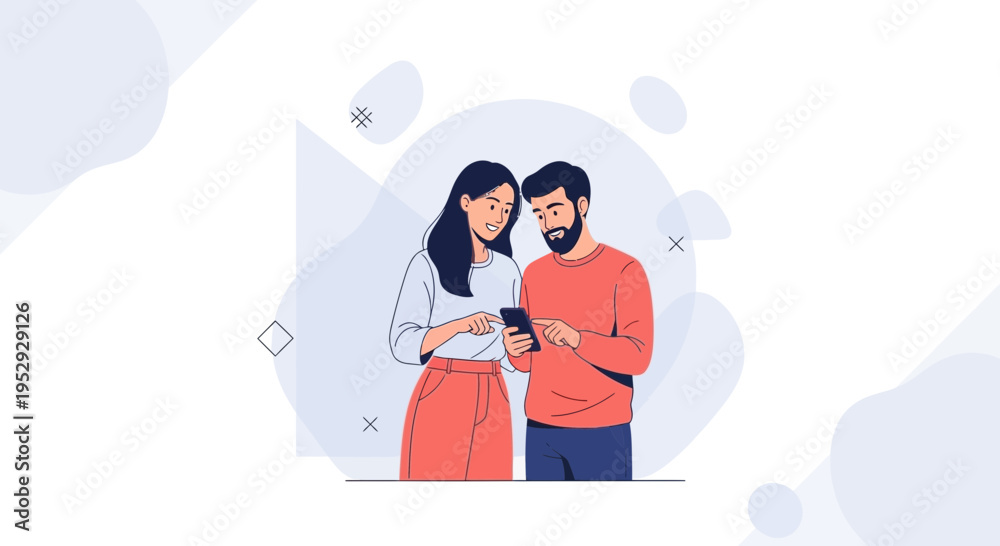Obraz premium Couple Looking at Smartphone Screen Together, Modern Flat Illustration Style