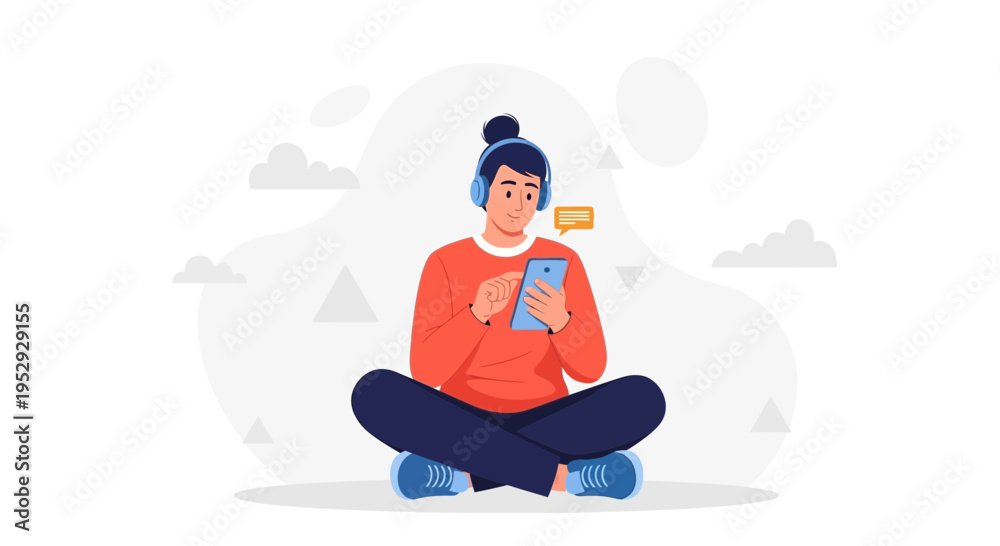 Obraz premium Person with headphones using smartphone, listening to music, chatting, flat design illustration