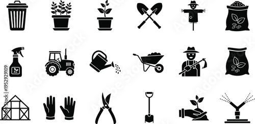 Gardening and farming icons set, agriculture tools, plants, greenhouse, tractor, watering and planting equipment, rural work symbols, eco farming illustration for organic agriculture concepts