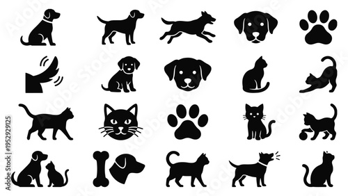 Dog and cat silhouette icon set including pets, paw prints, animal faces, and playful poses in clean minimal style.
