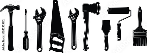 Hand tools silhouette set, hammer screwdriver wrench saw axe roller brush, construction and repair equipment collection, DIY toolkit illustration, carpentry and maintenance tools isolated