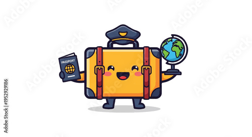 Cartoon suitcase character with globe and passport illustration