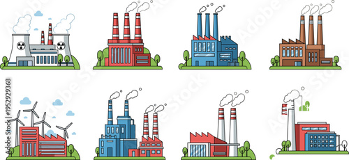 Industrial factories and power plants set, energy production buildings, smokestacks, renewable and traditional industry, manufacturing facilities, environmental concept, vector illustration collection