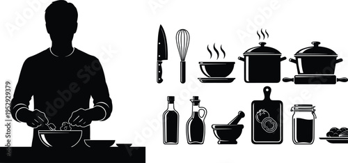 Cooking silhouette illustration, kitchen utensils, food preparation, chef mixing ingredients, culinary tools, kitchenware, cooking process, home cooking, gastronomy, culinary art