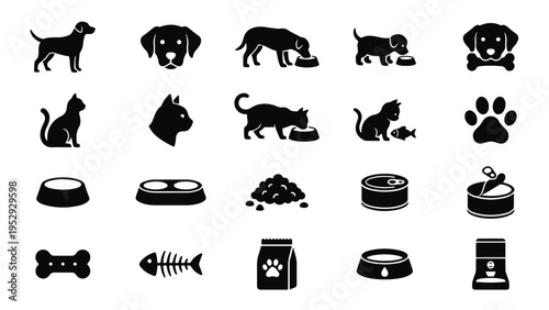 Pet feeding and animal care icon set with dog, cat, bowl, food, paw, bone, and behavior silhouettes.