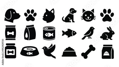 Pet and animal silhouette icon set with dog, cat, fish, bird, rabbit, paw, food, and care elements.