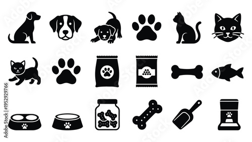 Pet icon set with dog, cat, paw, food, treats, bowl, bone, and animal elements in clean silhouette style.