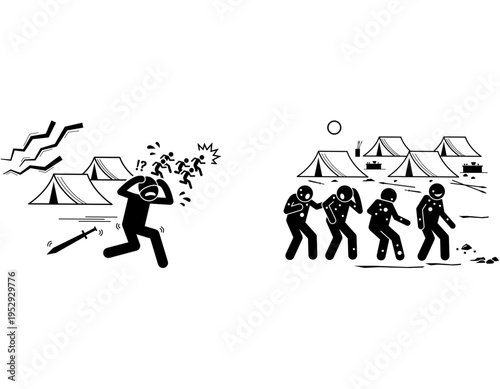Stick figures illustrate a chaotic camp under attack with a terrified person and a sword, contrasted with a group of uniformed prisoners being led away from tents.