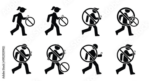 Stick figures depict people walking with and without using mobile phones