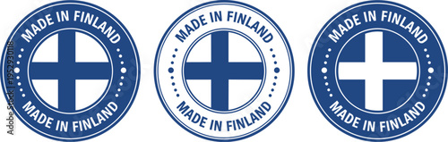 Made in Finland Badge Icon Set with Finnish Flag Cross Symbol, Country Origin Label for Product Packaging, Export Branding, Manufacturing Certification, and Quality Assurance Mark